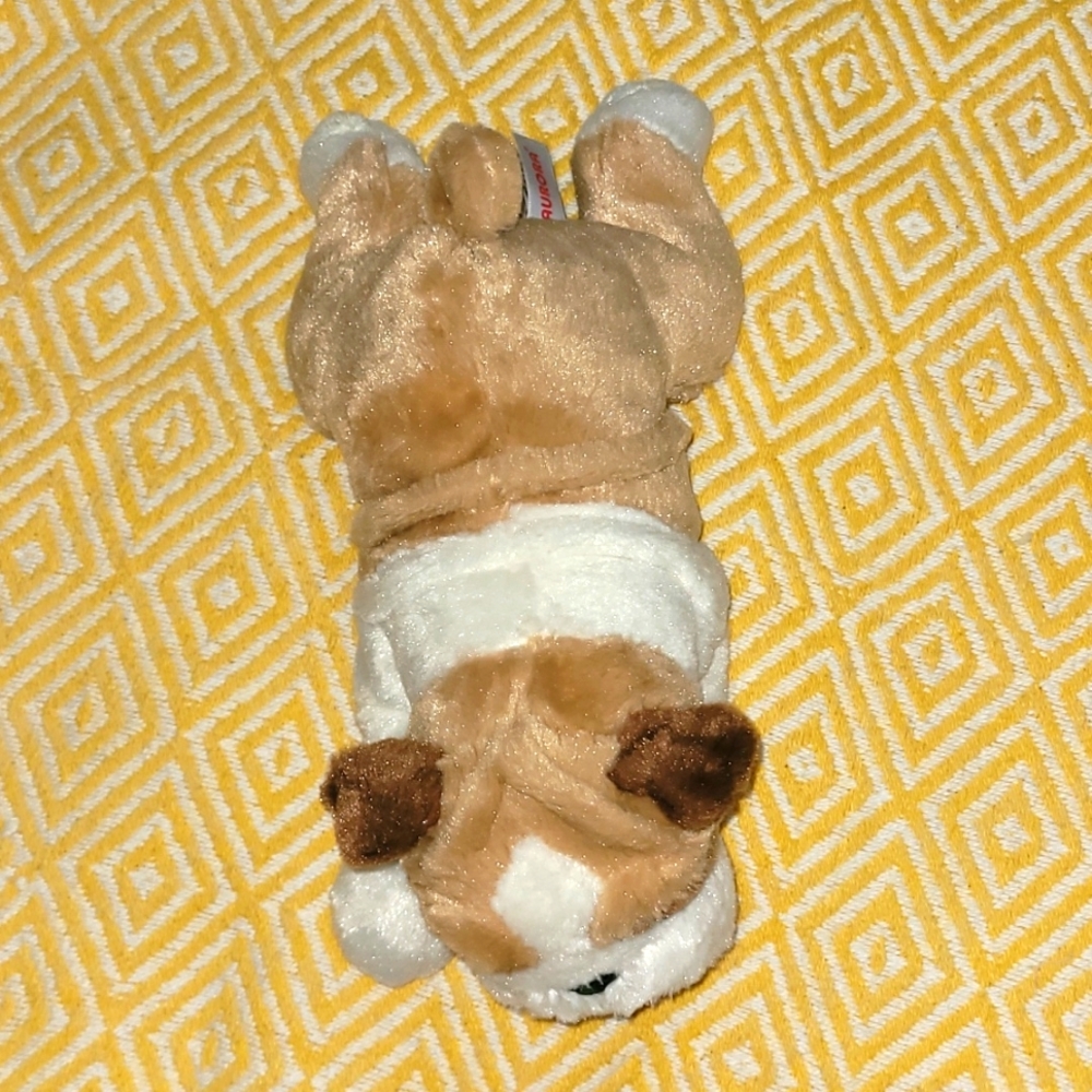 Stuffed animal mops dog.